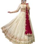 MODEMIX Designer Bridal Lehenga Choli Set with Embroidered Border, Off-White and Maroon, Traditional