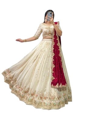 MODEMIX Designer Bridal Lehenga Choli Set with Embroidered Border, Off-White and Maroon, Traditional
