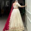 MODEMIX Designer Bridal Lehenga Choli Set with Embroidered Border, Off-White and Maroon, Traditional
