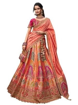 Women's Astonishing Peach Zari Weaving Banarasi Silk Wedding Lehenga Choli