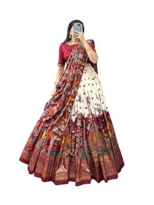 Women's Trending Designeer Tussar Silk Lehenga Choli Print with Foil Work With Unstitched Blouse Patola Print Adorned with Foil Work For Navrati || Wedding